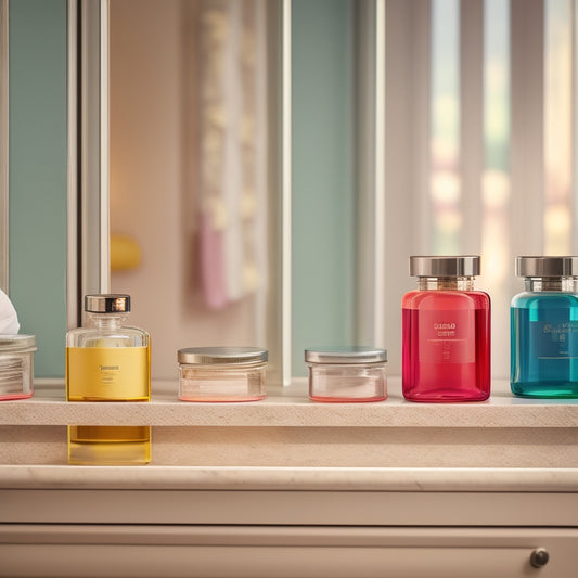 A tidy bathroom shelf with 5-7 transparent glass jars, each containing a different bath or body product, and adorned with a small, colorful, circular label with a simple icon.