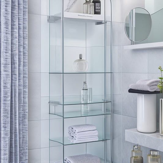 A modern bathroom with a sleek white corner shelf unit, featuring three rounded glass shelves, mounted on a chrome pole, against a gray wall with a subtle marble pattern.