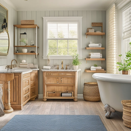 A serene bathroom with a freestanding tub, surrounded by a mix of open shelving, woven baskets, and sleek cabinets, showcasing a harmonious blend of storage and style.