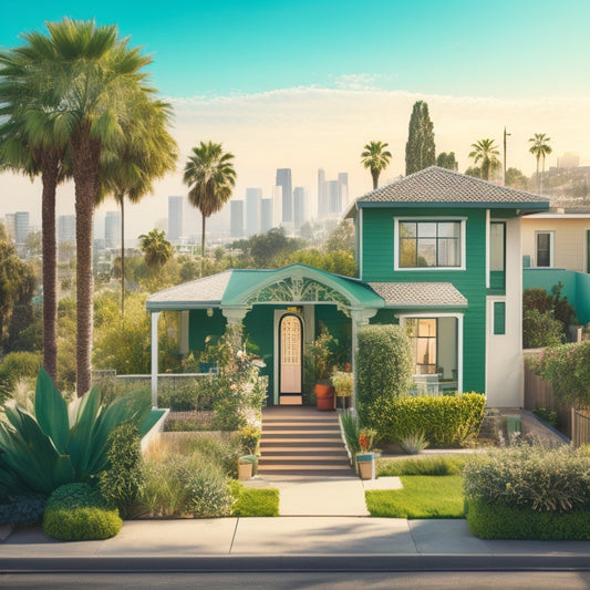 A stylized illustration of the Los Angeles cityscape with a mixture of modern and traditional homes, featuring a prominent ADU with a bright, sunny window and a lush green backyard.