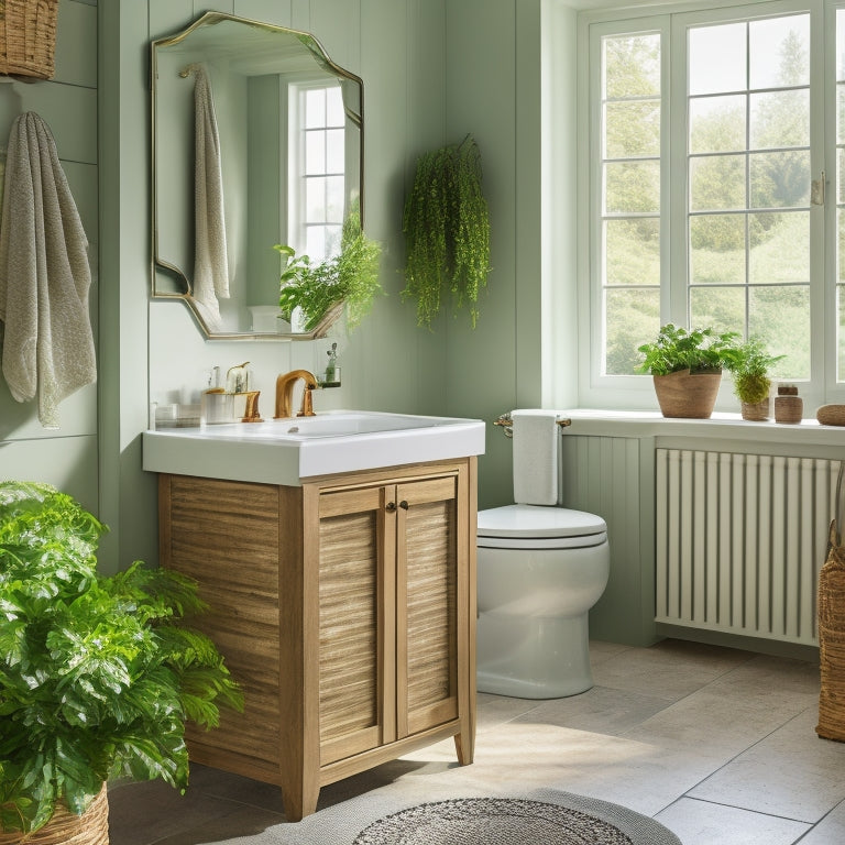 A serene, well-lit bathroom with a sleek, wall-mounted cabinet, a pedestal sink with a slide-out drawer, and a woven basket near a freestanding tub, surrounded by calming greenery.