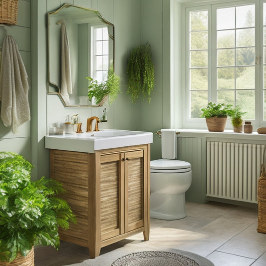 A serene, well-lit bathroom with a sleek, wall-mounted cabinet, a pedestal sink with a slide-out drawer, and a woven basket near a freestanding tub, surrounded by calming greenery.