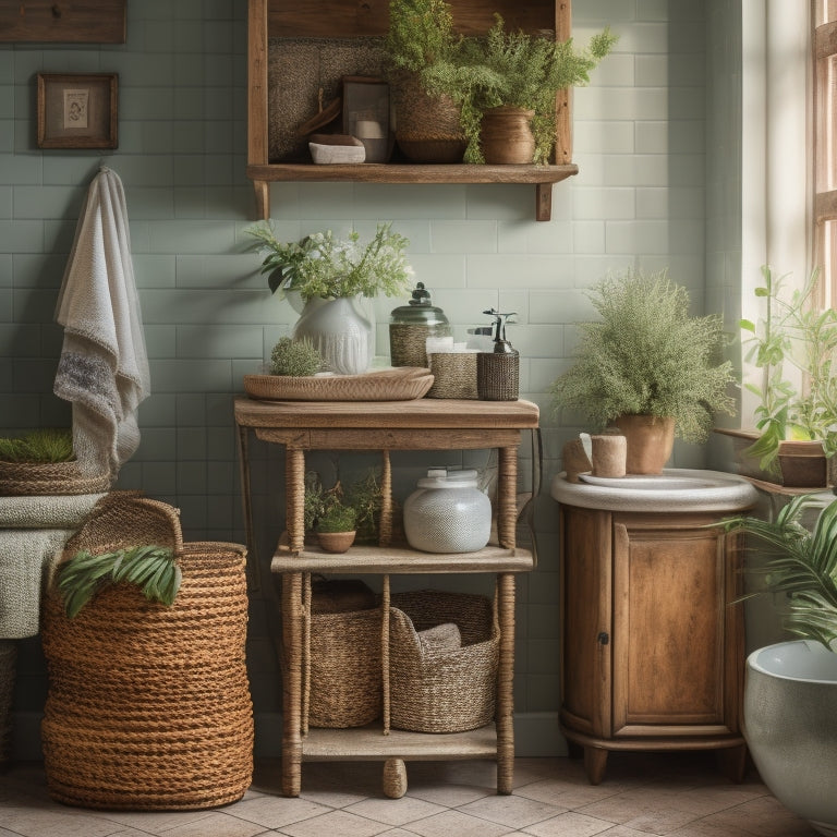 A charming vintage bathroom scene featuring a distressed wooden cabinet with ornate carvings, a retro ladder shelf displaying colorful ceramic jars, and a freestanding wicker basket, all surrounded by delicate potted plants and soft, ambient lighting.