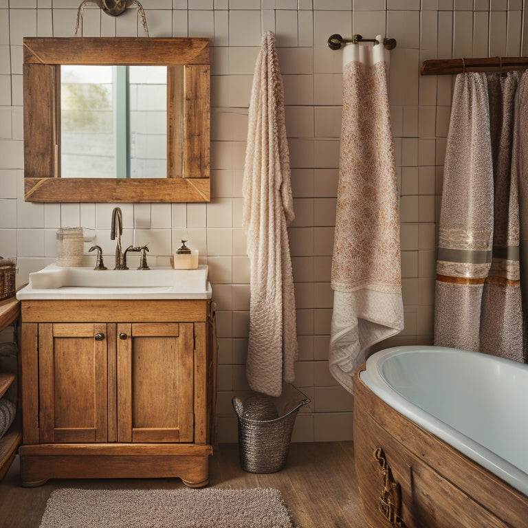 An image of a modern bathroom with repurposed materials: a reclaimed wood vanity, a sink made from a vintage suitcase, and a shower curtain created from a retired sailboat sail.