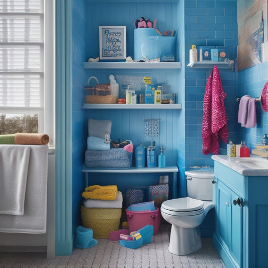 A cluttered kids' bathroom with toys, towels, and toiletries scattered everywhere, contrasted with a tidy and organized bathroom featuring clever storage solutions such as shelves, baskets, and a step stool.