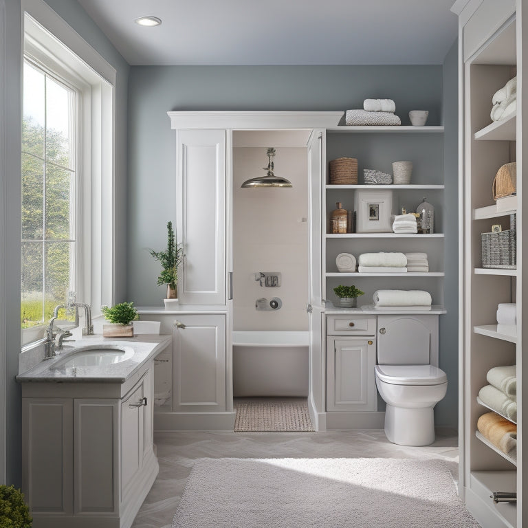 A serene, well-lit bathroom with a curved wall, featuring a wall-mounted, ladder-like shelving unit, a pedestal sink with a hidden storage compartment, and a sliding glass door revealing a recessed medicine cabinet.