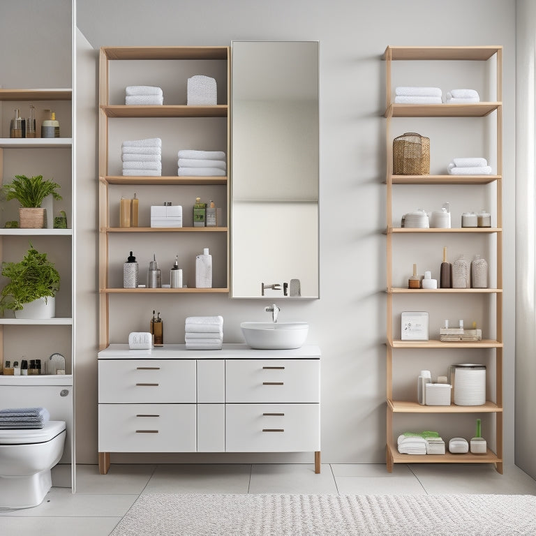 A modern bathroom with seven different wall-mounted shelving units, each with unique design and materials, showcasing stylish storage for towels, toiletries, and decorative items, set against a clean, white background.