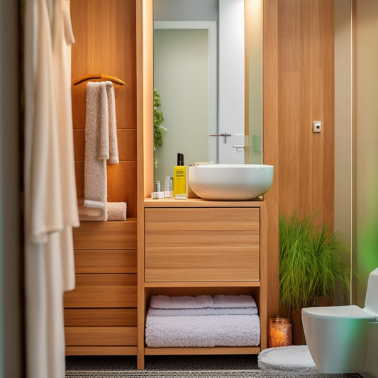 A sleek, modern bathroom featuring a stylish rotating storage unit made of bamboo, showcasing neatly organized toiletries, colorful towels, and elegant decor, illuminated by soft ambient lighting and surrounded by minimalistic design elements.