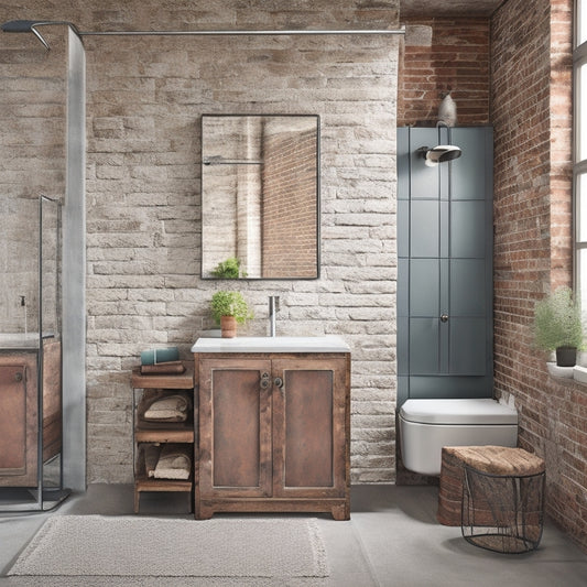 A modern industrial-style bathroom with exposed brick walls, featuring a rustic metal cabinet with towel storage, adorned with metal rivets and a reclaimed wood shelf, set against a backdrop of distressed concrete flooring.