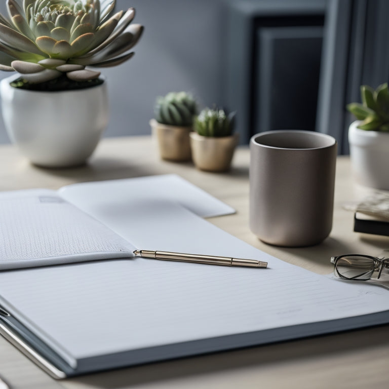 A minimalist desk setup with a sleek, open planner in the center, surrounded by a few carefully placed pens, a small paperclip holder, and a single, blooming succulent.