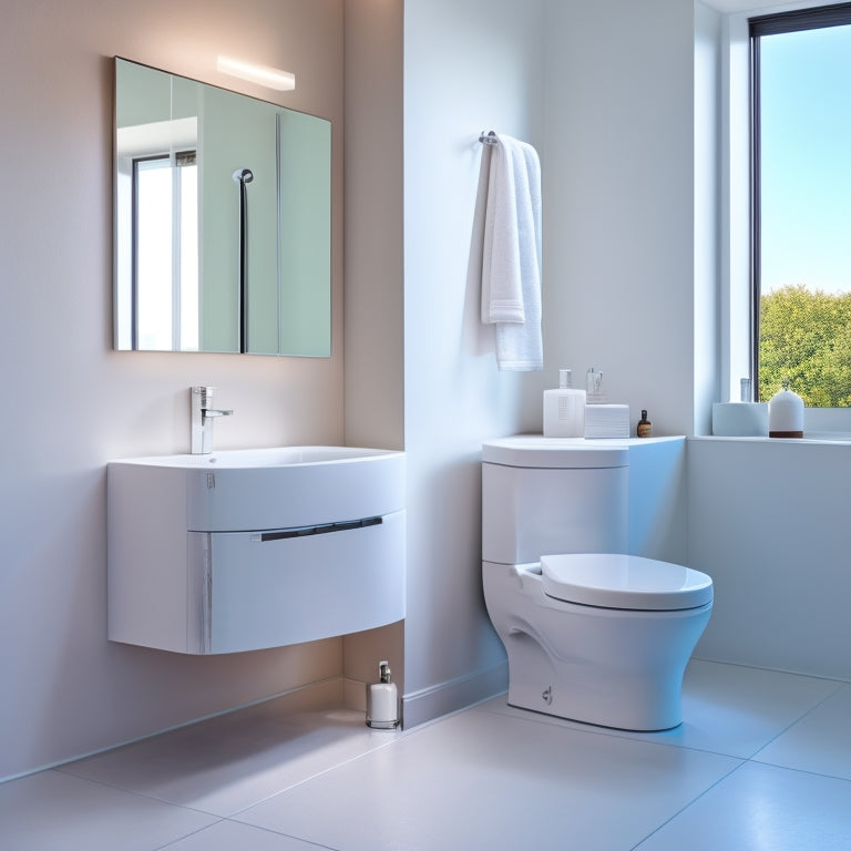 A sleek, modern bathroom with a wall-mounted, curved sink vanity in a polished chrome finish, paired with a compact, rectangular mirror and a minimalist toilet, set against a crisp white background.