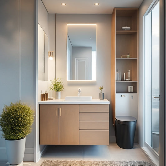 A sleek, modern bathroom with a freestanding cabinet featuring mirrored doors, surrounded by a minimalist sink, toilet, and floor-to-ceiling tiles, under soft, warm lighting.