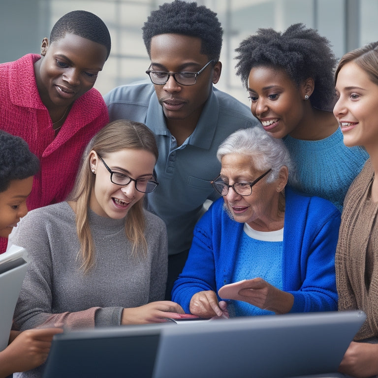 An illustration of a diverse group of students from different abilities and ages gathered around a tablet, with accessibility features like closed captions, audio descriptions, and keyboard-only navigation icons surrounding them.