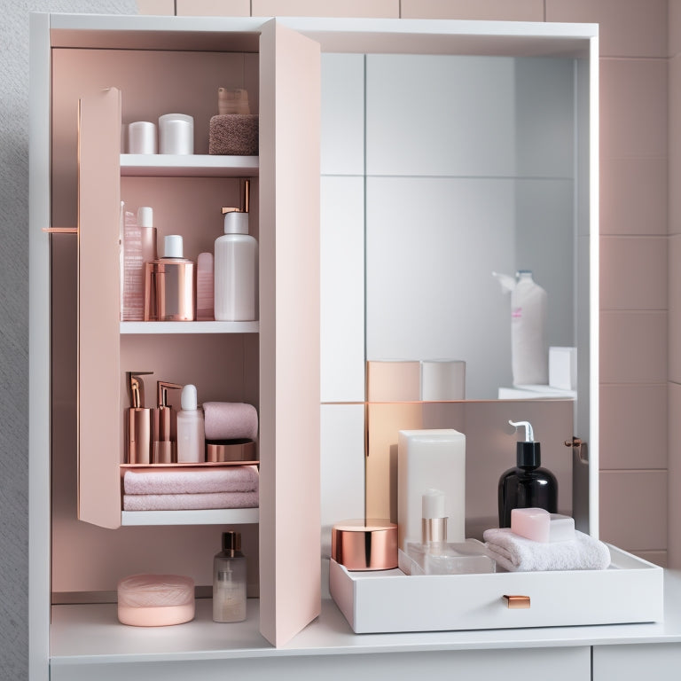 A sleek, modern bathroom cabinet with adjustable dividers in rose gold and white, showcasing organized toiletries, skincare products, and towels against a soft, gray background.