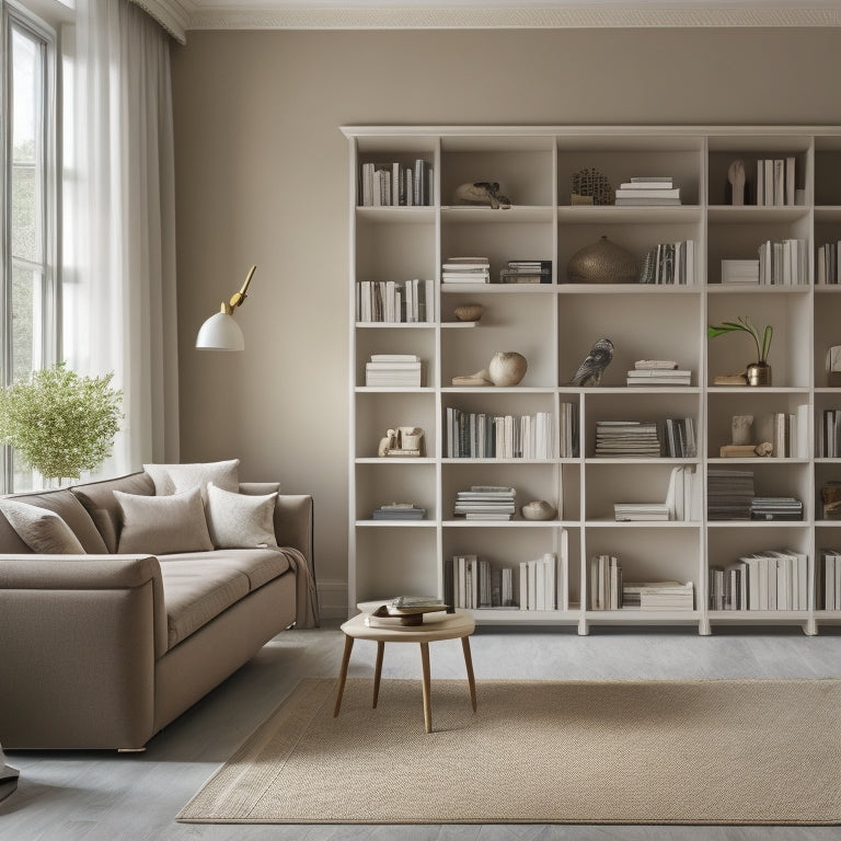 A serene, minimalist living room with a few, carefully selected decorative items, a sleek, floor-to-ceiling storage unit, and a perfectly organized bookshelf with books arranged by color.