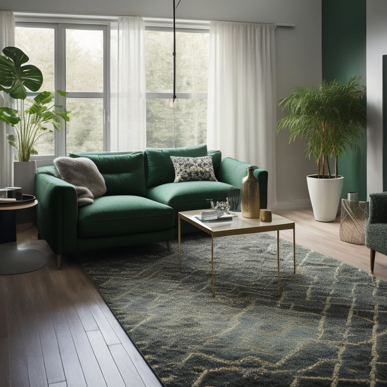 A minimalist living room with a bold, geometric-patterned rug in shades of emerald green and creamy white, surrounded by sleek, modern IKEA furniture and lush greenery.