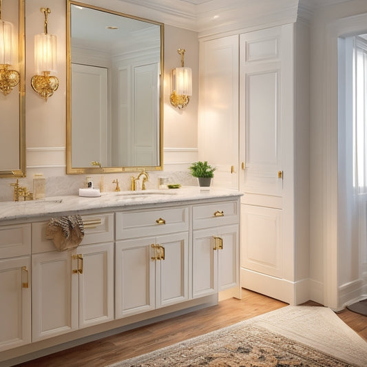 A modern bathroom with soft, creamy walls and warm, dark wood floors featuring a sleek, white, double-sink vanity with ornate, gold hardware and tall, mirrored cabinets with subtle LED lighting.