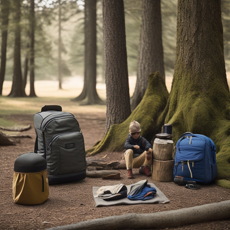 A serene outdoor scene with a fully set up campsite, a neatly organized backpack with rolled clothes and labeled compartments, and a small, color-coded checklist on a nearby tree stump.