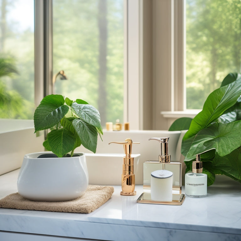 A luxurious bathroom with a sleek, white countertop, adorned with a deluxe bathroom set consisting of a soap dispenser, toothbrush holder, and tray, all in a polished chrome finish, surrounded by lush greenery.