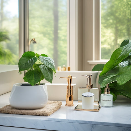 A luxurious bathroom with a sleek, white countertop, adorned with a deluxe bathroom set consisting of a soap dispenser, toothbrush holder, and tray, all in a polished chrome finish, surrounded by lush greenery.