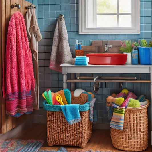 A cozy, rustic kids' bathroom featuring wooden crates stacked as storage, colorful woven baskets, vintage hooks for towels, and a charming farmhouse-style mirror reflecting playful decor and vibrant bath toys.