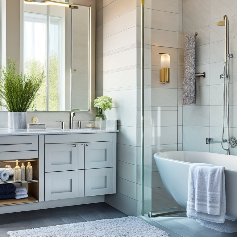 A stylish, modern bathroom with sleek, wall-mounted shelves in a polished chrome finish, holding rolled towels and decorative glass vases, above a freestanding tub and marble-topped vanity.