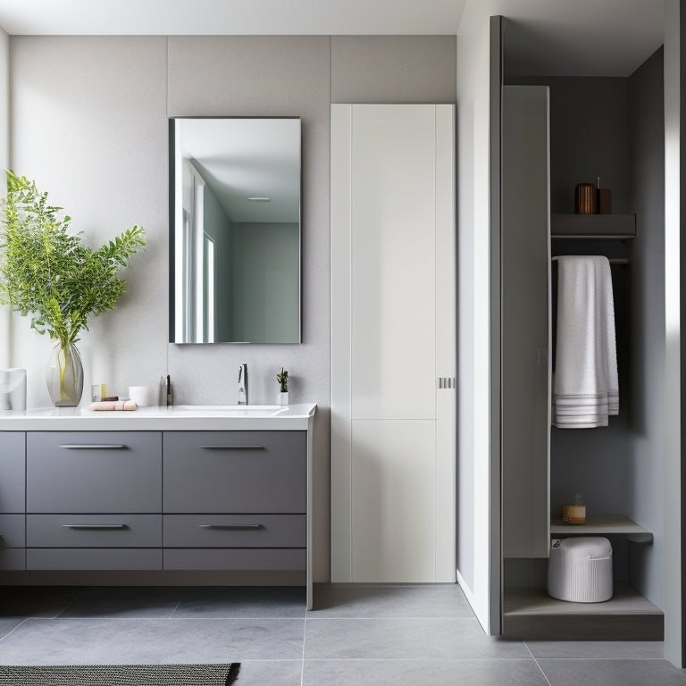 A sleek, modern bathroom with a wall-mounted cabinet featuring a sliding mirror door, adjacent to a recessed alcove with a series of minimalist, matte-finish drawers and shelves.