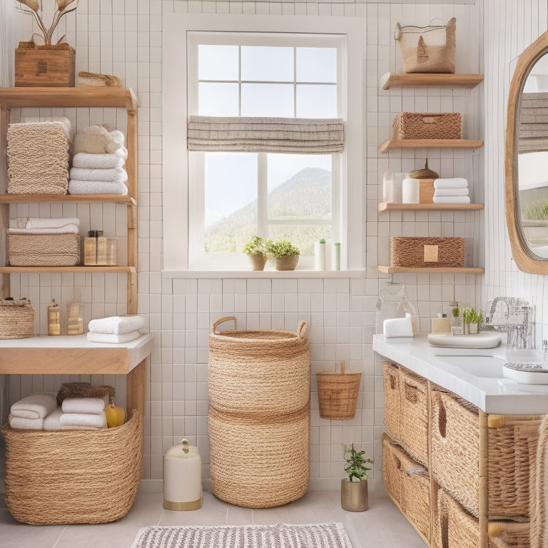 A clutter-free bathroom with a mix of open shelving, woven baskets, and repurposed decorative items, such as mason jars and vintage ladders, creatively storing toiletries, towels, and beauty products.