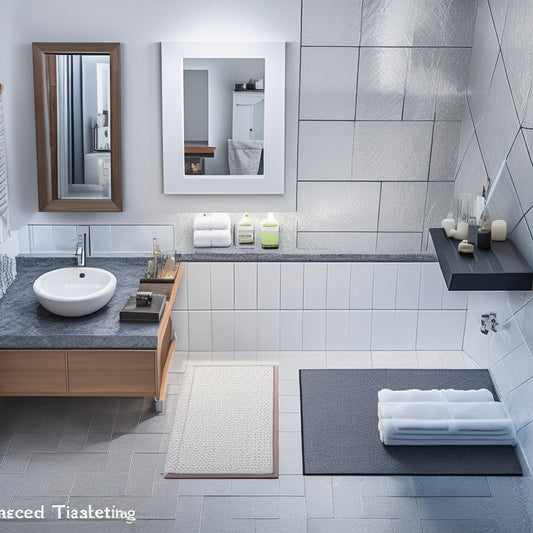 A modern, sleek bathroom with a tablet on the counter, displaying a 3D design software, surrounded by renovation materials and tools, with a subtle grid pattern in the background.