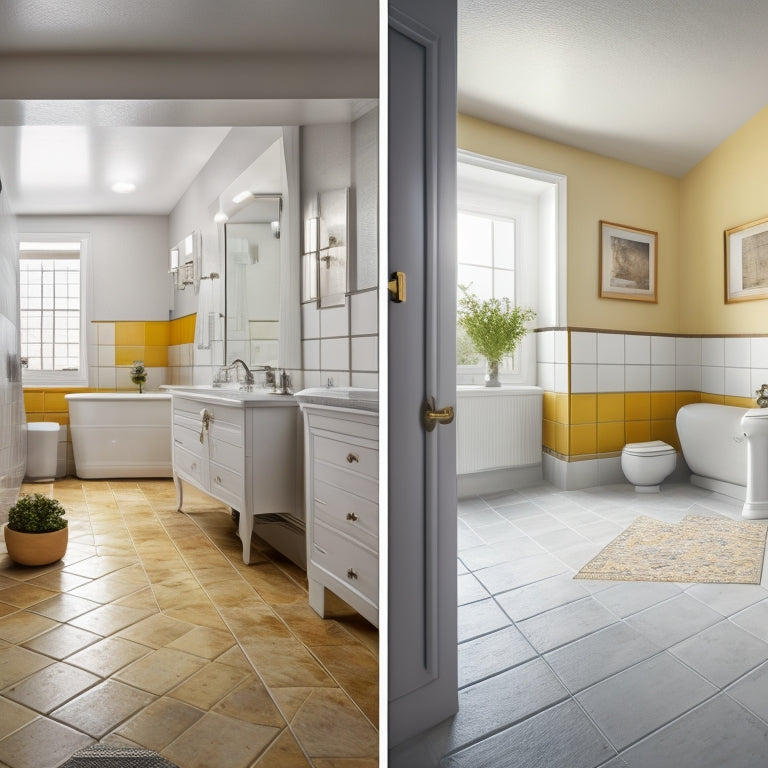 A before-and-after split-screen image: a dull, outdated bathroom with worn, yellowed floor tiles on the left, and a bright, modern bathroom with freshly painted, crisp white floor tiles on the right.