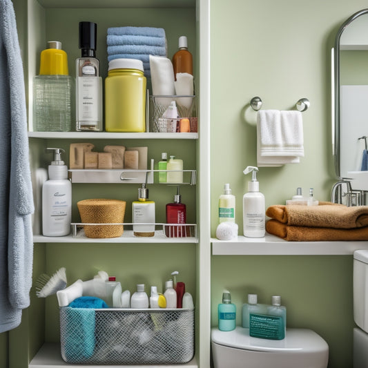 A cluttered bathroom scene with toiletries scattered across countertops, a mess of towels on the floor, and a crowded shower caddy, contrasted with a subtle glimpse of a tidy, organized storage cabinet in the background.