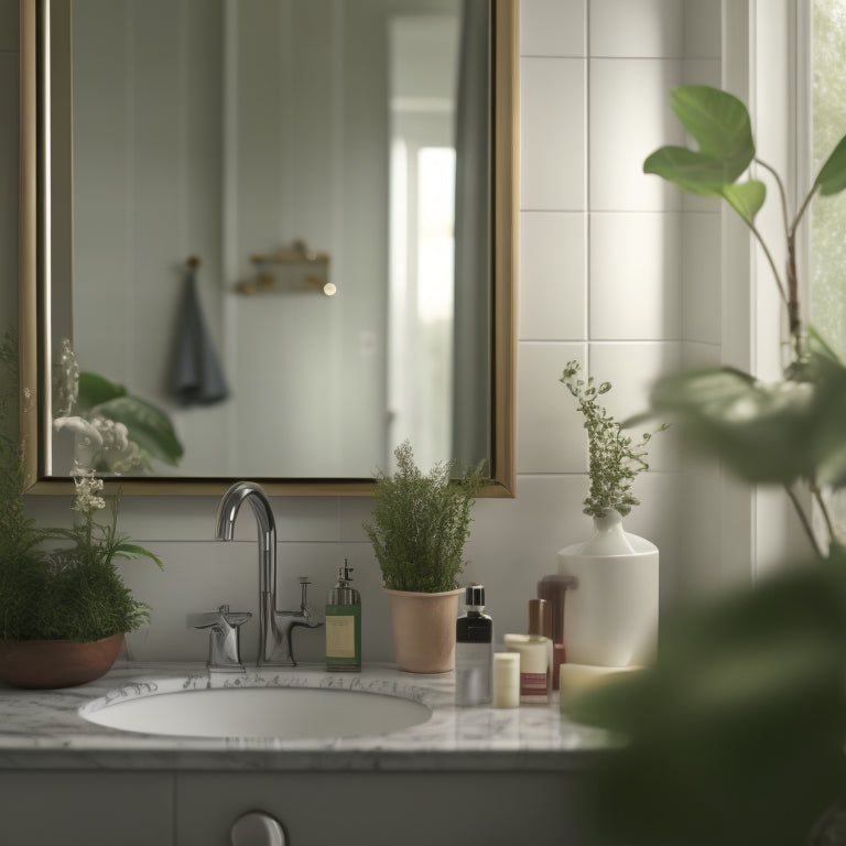 A cluttered bathroom with scattered toiletries, dirty towels, and a foggy mirror, contrasted with a serene, minimalist bathroom featuring a freestanding tub, lush greenery, and ample storage.