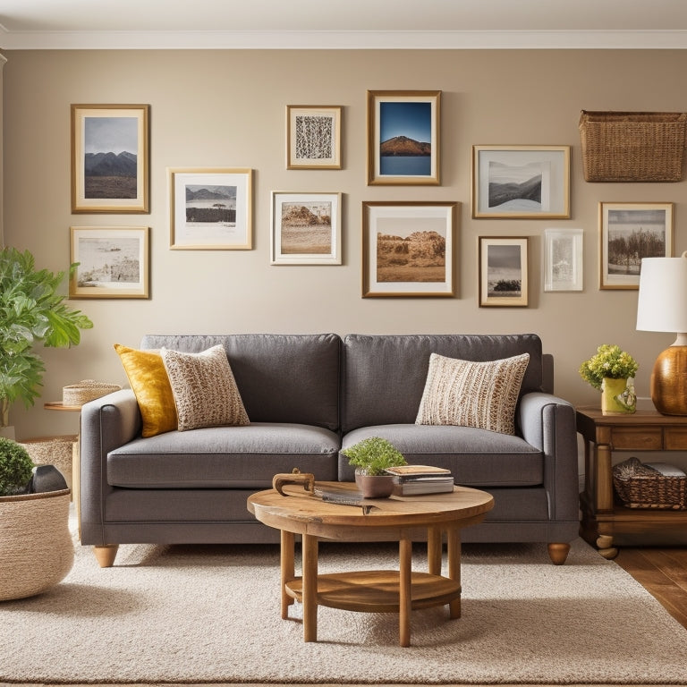 A warm and inviting living room with a plush sectional sofa, a kid-friendly coffee table with storage, and a gallery wall featuring family photos and playful artwork.