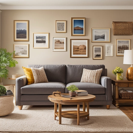 A warm and inviting living room with a plush sectional sofa, a kid-friendly coffee table with storage, and a gallery wall featuring family photos and playful artwork.
