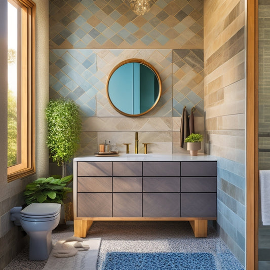 A serene, modern bathroom with 10 distinct wall accents: geometric tiles, natural stone, reclaimed wood, metallic mosaics, glass panels, and more, arranged in a harmonious, Instagram-worthy composition.