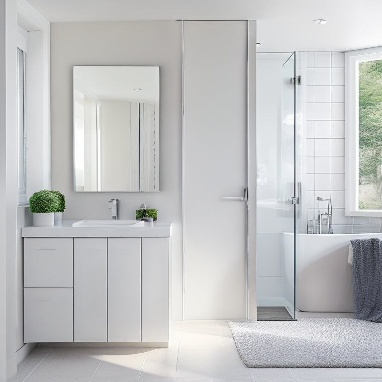 A modern bathroom with a sleek, wall-mounted, floor-to-ceiling storage unit featuring frosted glass doors, chrome accents, and minimalist hardware, surrounded by a minimalist aesthetic and soft, warm lighting.