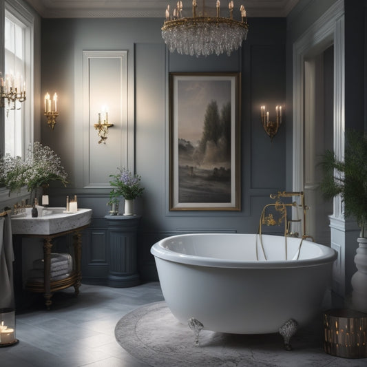 A serene bathroom scene featuring a freestanding tub, surrounded by candles, lush greenery, and a statement chandelier, set against a backdrop of soft gray walls and polished marble floors.