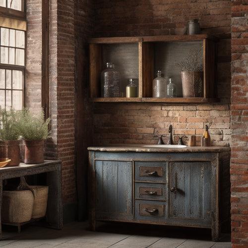 A rustic metal cabinet with distressed paint, surrounded by vintage plumbing fixtures, exposed brick walls, and industrial-style lighting. A weathered wooden shelf displays antique jars, adding character to the bathroom's industrial aesthetic.