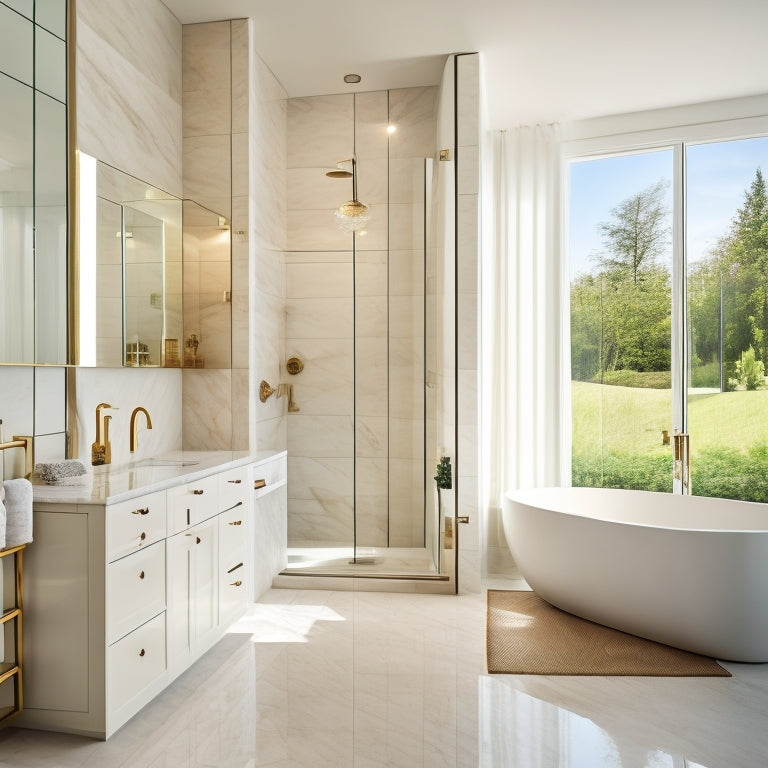 A serene, modern bathroom with creamy marble floors, walls, and countertops, featuring a luxurious freestanding tub, a spacious walk-in shower, and a sleek, floor-to-ceiling storage cabinet with glass doors.