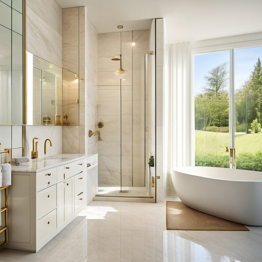 A serene, modern bathroom with creamy marble floors, walls, and countertops, featuring a luxurious freestanding tub, a spacious walk-in shower, and a sleek, floor-to-ceiling storage cabinet with glass doors.