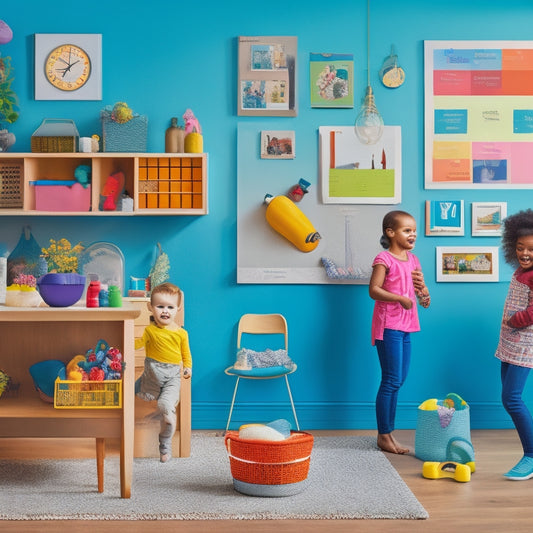 An illustration of a colorful, organized home with a large calendar on the wall, featuring a smiling family of four surrounded by thought bubbles containing cleaning tools, clocks, and fruit, amidst a backdrop of tidy rooms and toys.