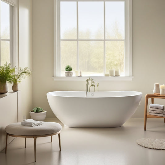 A serene bathroom with a minimalist aesthetic: soft, warm lighting, a freestanding tub, and a few carefully placed decorative items on a sleek, white countertop amidst a calming, neutral-colored background.