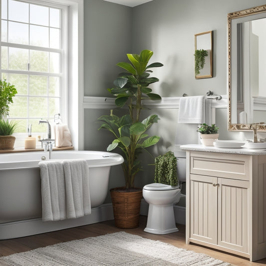 A serene bathroom scene with a refreshed aesthetic: a white pedestal sink, a repainted soft gray wall, crisp white towels, and a few well-placed potted plants on a newly refinished wooden floor.