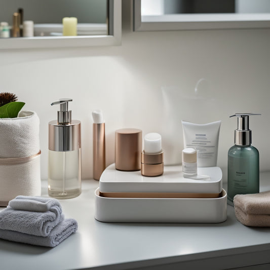 A serene, well-lit bathroom countertop with a minimalist aesthetic, featuring a sleek, compact toiletry organizer with separate compartments for neatly arranged skincare products, makeup, and beauty tools.