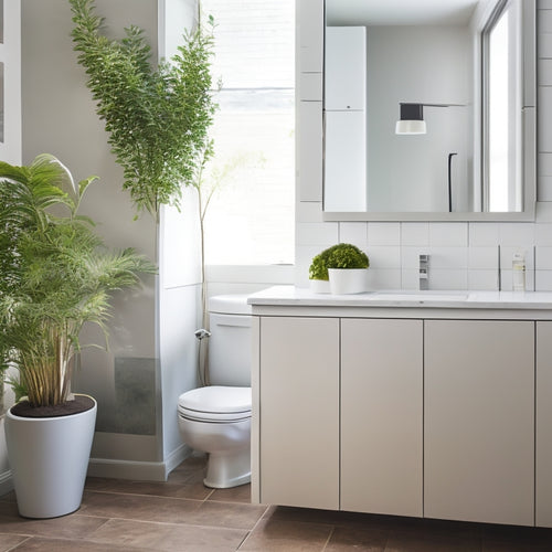 A modern bathroom with a pedestal sink under a floating cabinet, surrounded by sleek white walls and dark hardwood floors, featuring a chrome faucet and a small potted plant on the countertop.