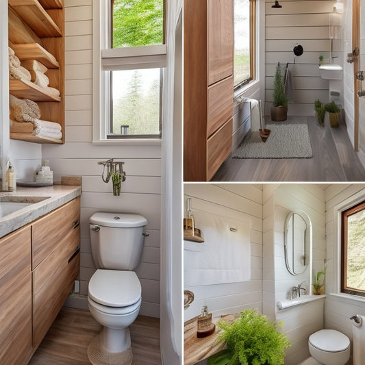 A serene, clutter-free tiny house bathroom with a compact sink, toilet, and shower, featuring 10 clever storage solutions, including baskets, shelves, and hidden compartments, in a calming, natural color palette.