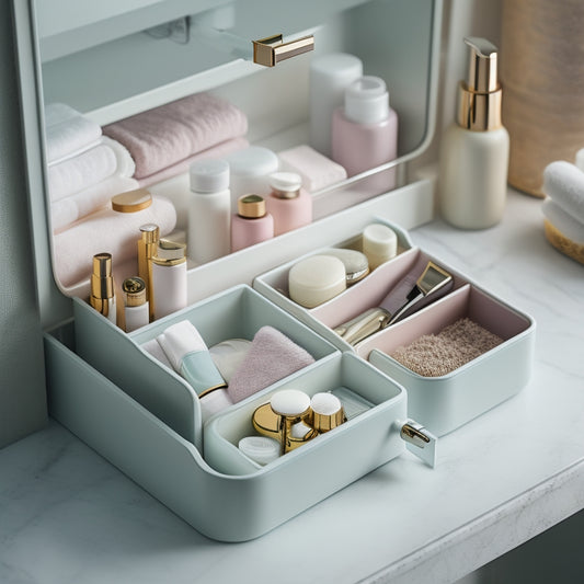 A neatly organized bathroom drawer filled with stylish, space-saving inserts holding various toiletries, brushes, and cosmetics, featuring soft pastel colors and sleek designs, surrounded by a clean, minimalist bathroom setting.