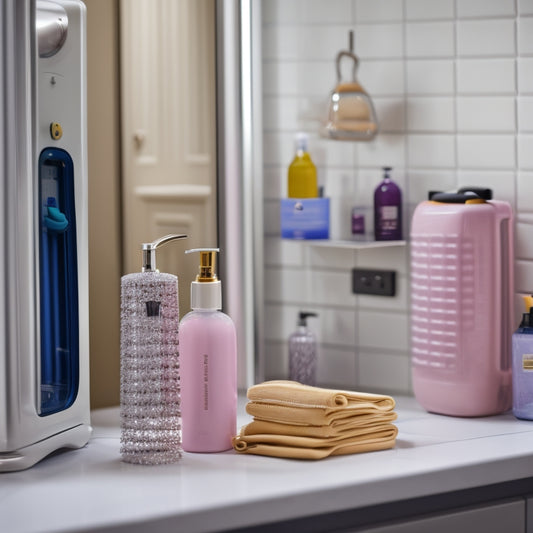 A cluttered shower with tangled hair accessories, scattered shower gels, and a messy shower caddy, contrasted with a sleek, minimalist digital shower organizer on a sleek smartphone screen in the corner.