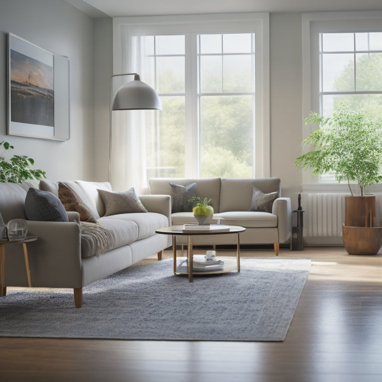A tidy, modern living room with a sparkling clean floor, a few strategically placed cleaning supplies, and a faint glow of natural light streaming through the window, conveying a sense of organization and serenity.