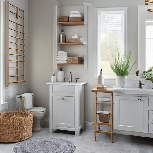 A serene, modern bathroom with a wall-mounted cabinet, a pedestal sink, and a freestanding tub, featuring a neatly organized countertop with a few strategically placed baskets and a tiered storage unit.